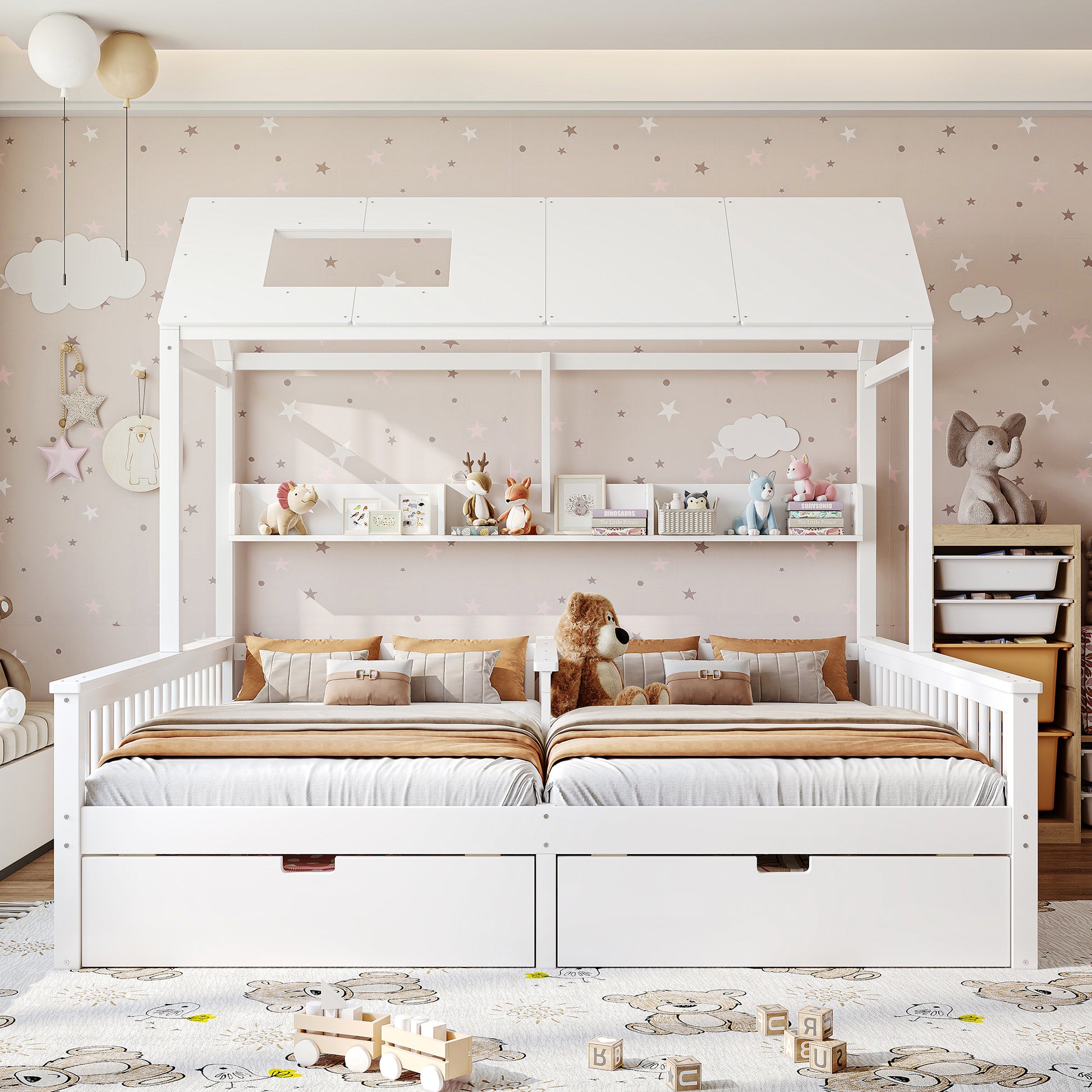 Twin Size House Platform Bed with Storage - White for Bedroom