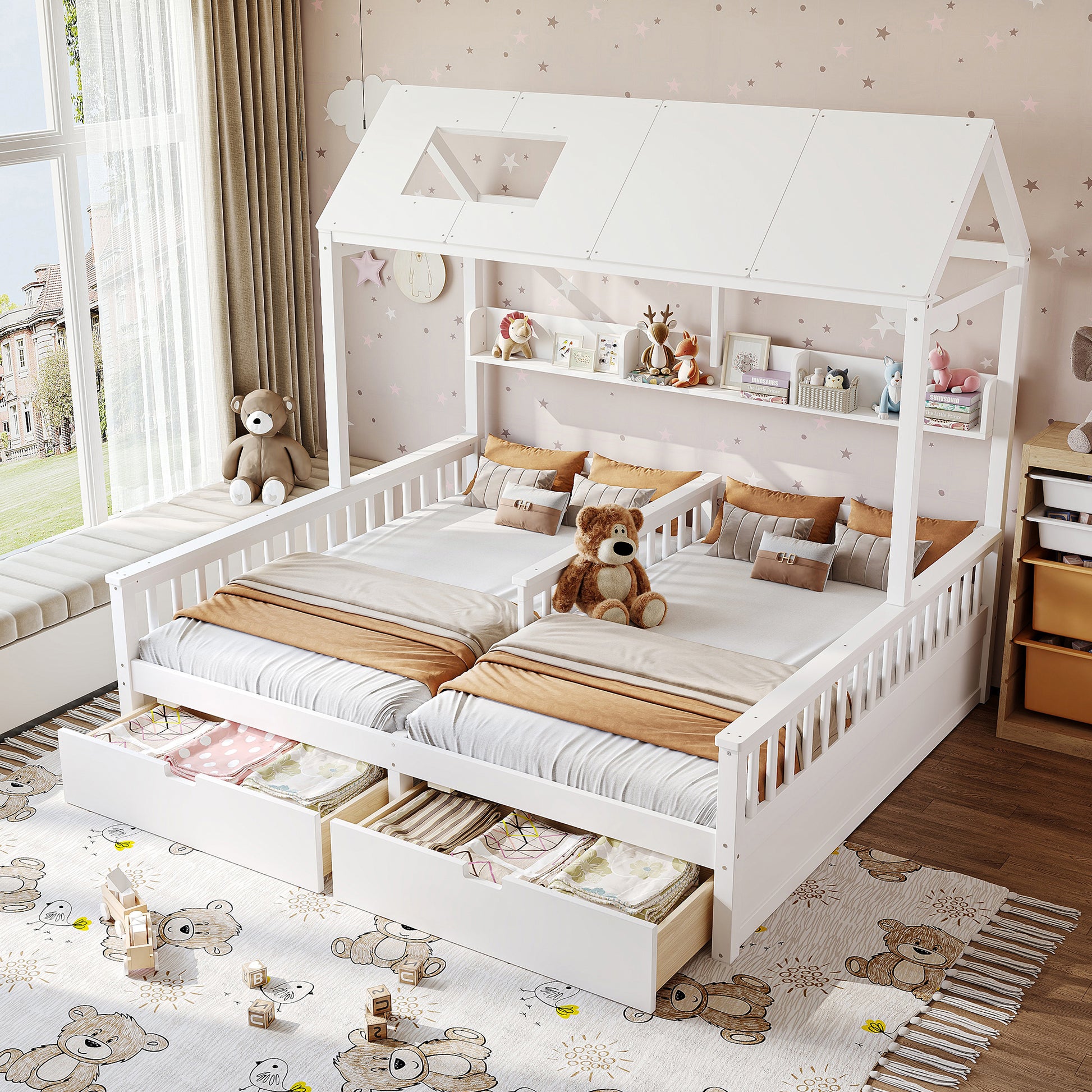 Twin Size House Platform Bed with Storage - White for Bedroom
