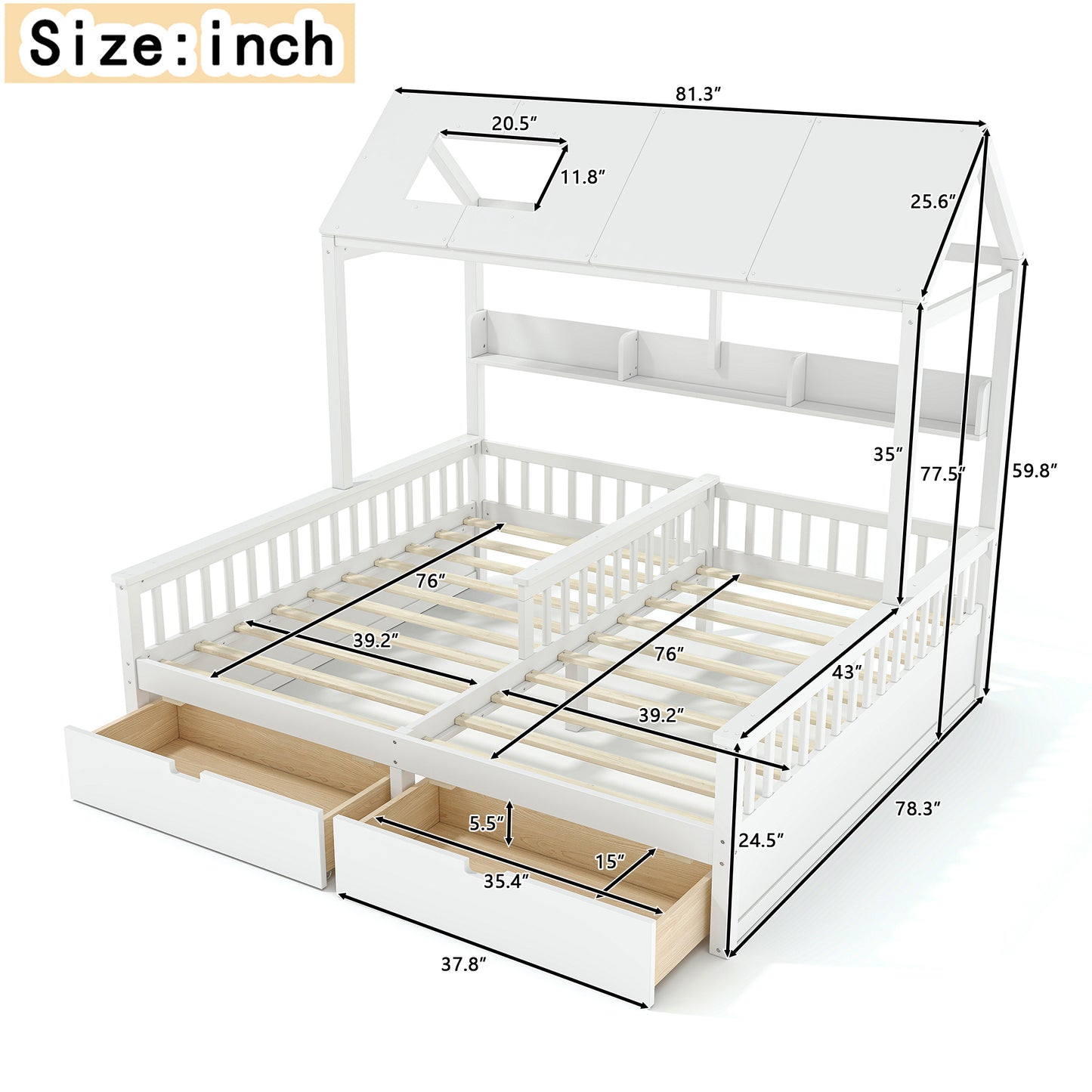Twin Size House Platform Bed with Storage - White for Bedroom