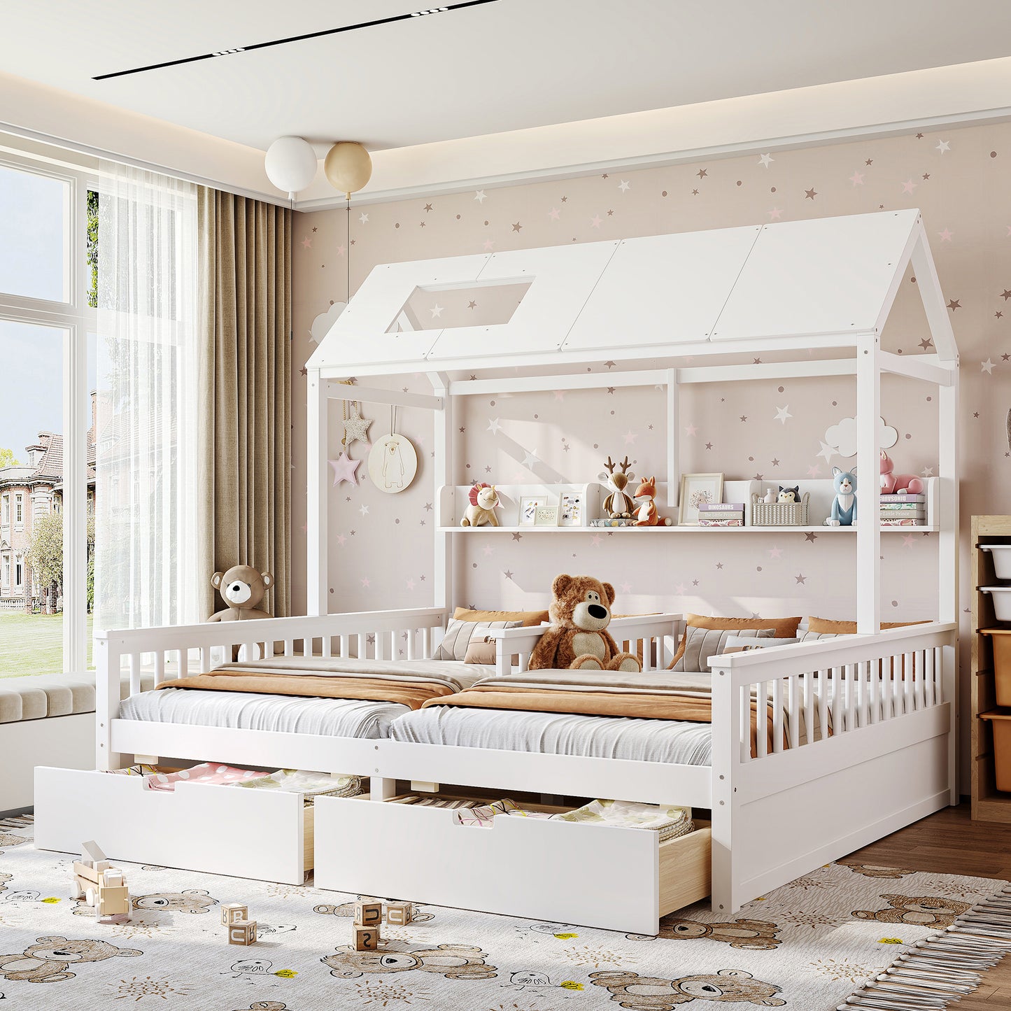 Double Twin Platform Bed with Storage Shelves and Drawers, House Platform Bed with Support Slats, Childlike and Playhouse Design, White