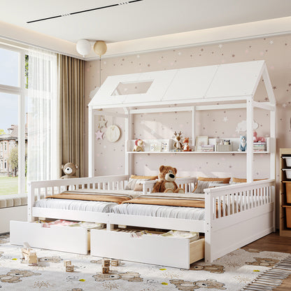 Double Twin Platform Bed with Storage Shelves and Drawers, House Platform Bed with Support Slats, Childlike and Playhouse Design, White
