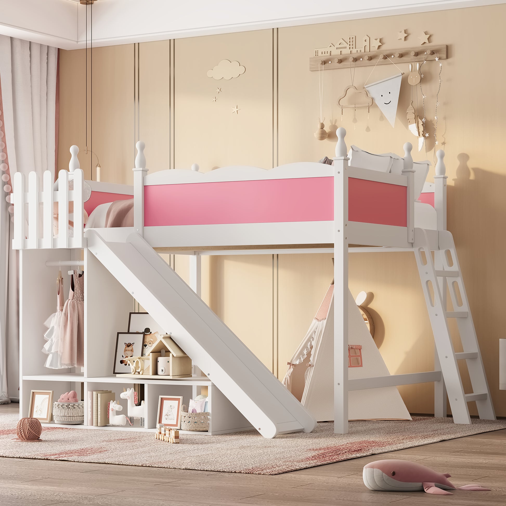 Full Loft Bed with Storage - White+Pink Pine for Bedroom