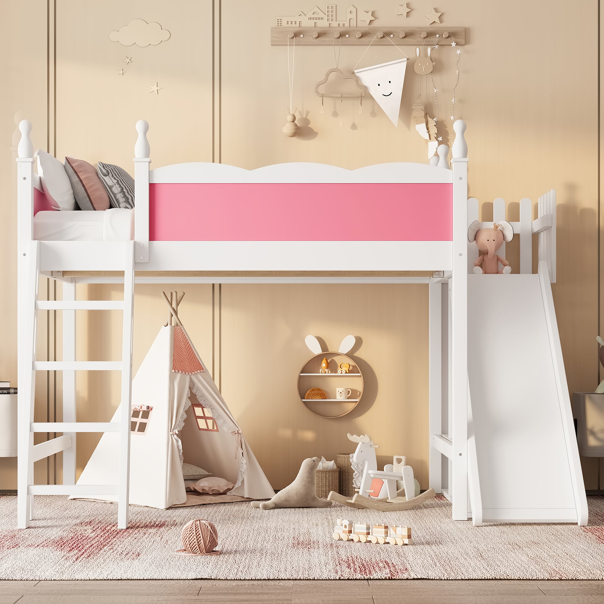 Full Loft Bed with Storage - White+Pink Pine for Bedroom