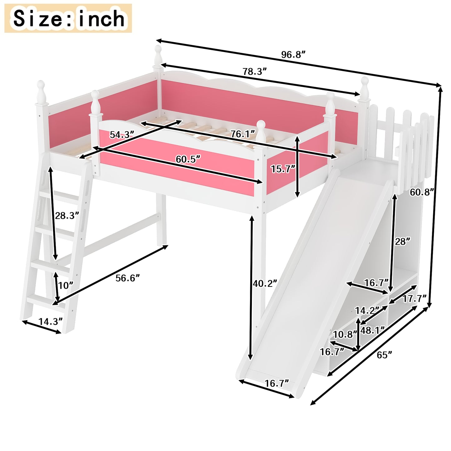 Full Loft Bed with Storage - White+Pink Pine for Bedroom