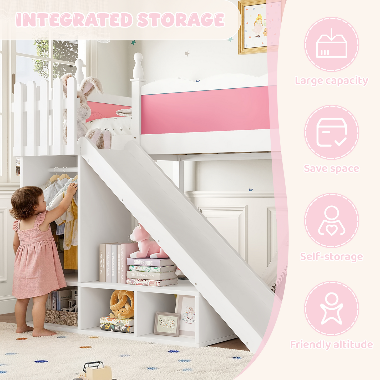 Full Loft Bed with Storage - White+Pink Pine for Bedroom
