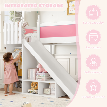 Full Loft Bed with Storage - White+Pink Pine for Bedroom