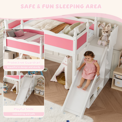 Full Loft Bed with Storage - White+Pink Pine for Bedroom
