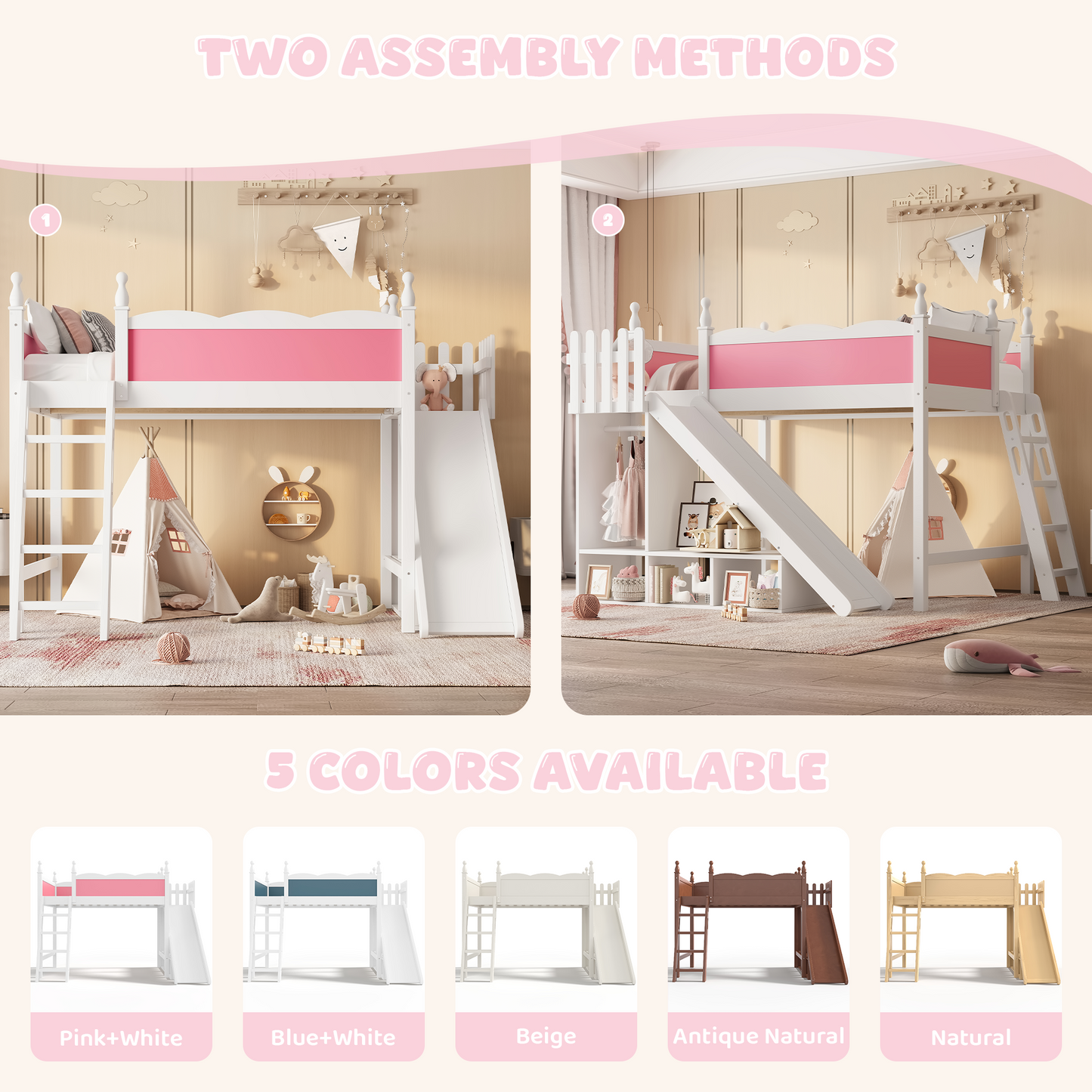 Full Loft Bed with Storage - White+Pink Pine for Bedroom