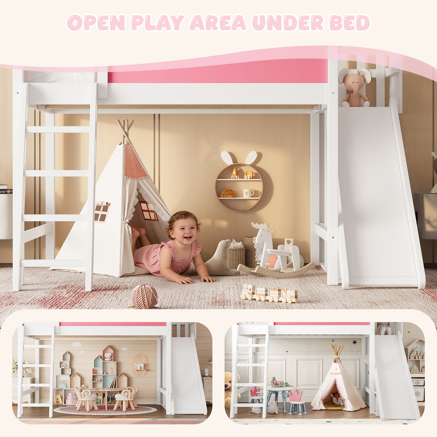 Full Loft Bed with Storage - White+Pink Pine for Bedroom