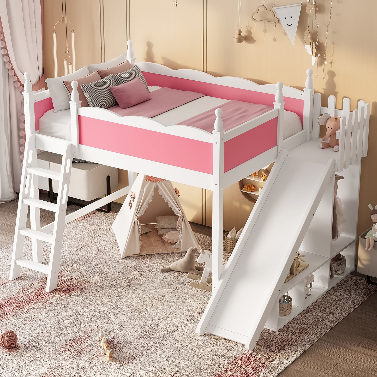 Full Loft Bed with Storage Shelves and Wardrobe, Solid Wood Loft Beds with Detachable Slide and Ladders, No Spring Box Needed, Pink and White.(Patent Protection)