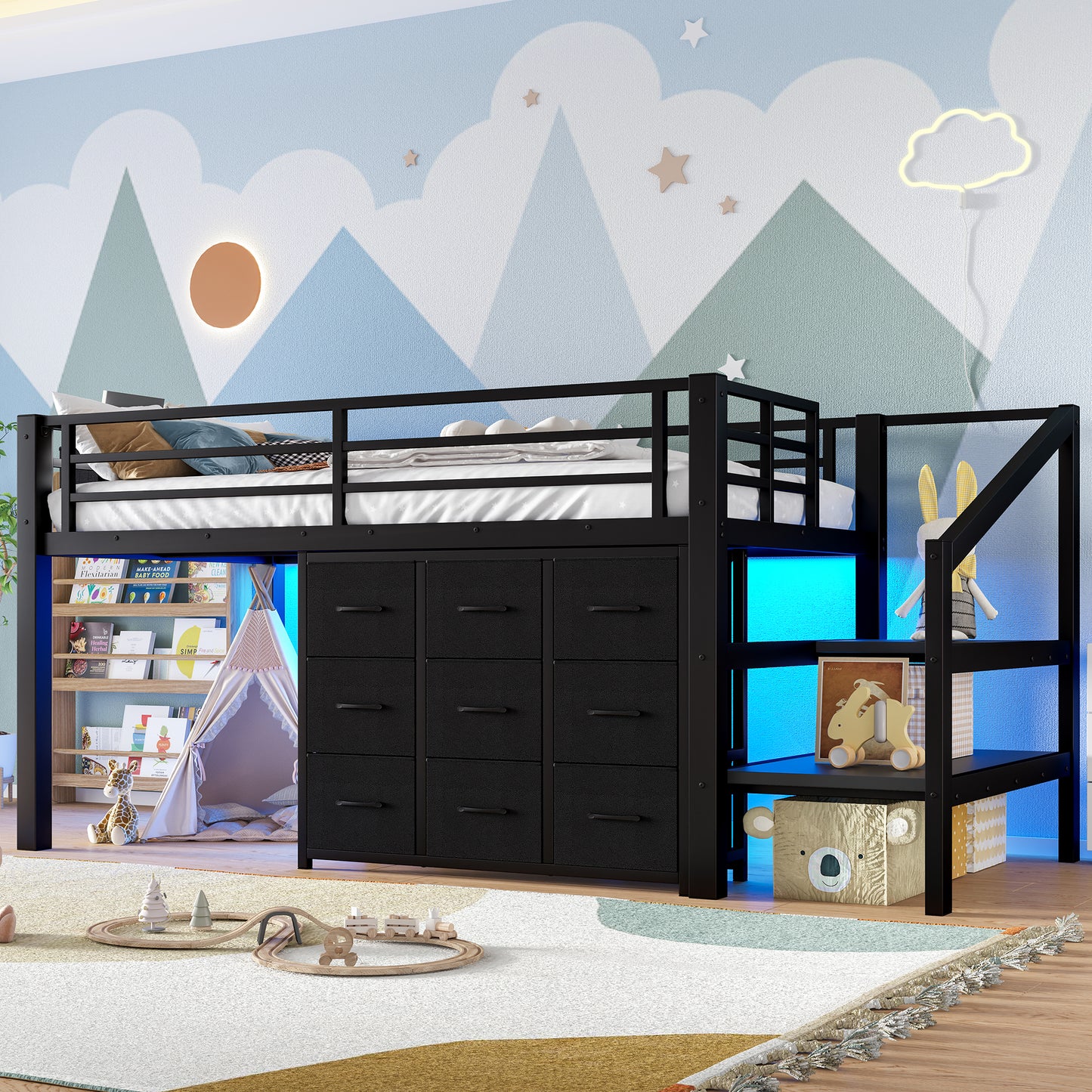 Twin Low Loft Bed with Multi-Storage - Black Metal Frame