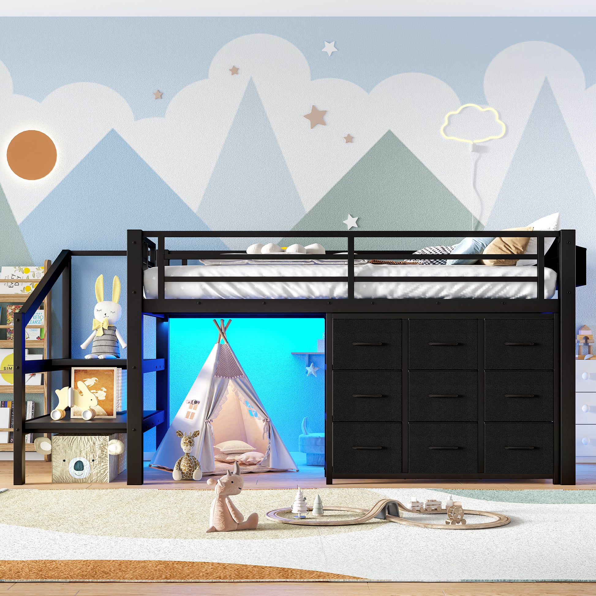 Twin Low Loft Bed with Multi-Storage - Black Metal Frame