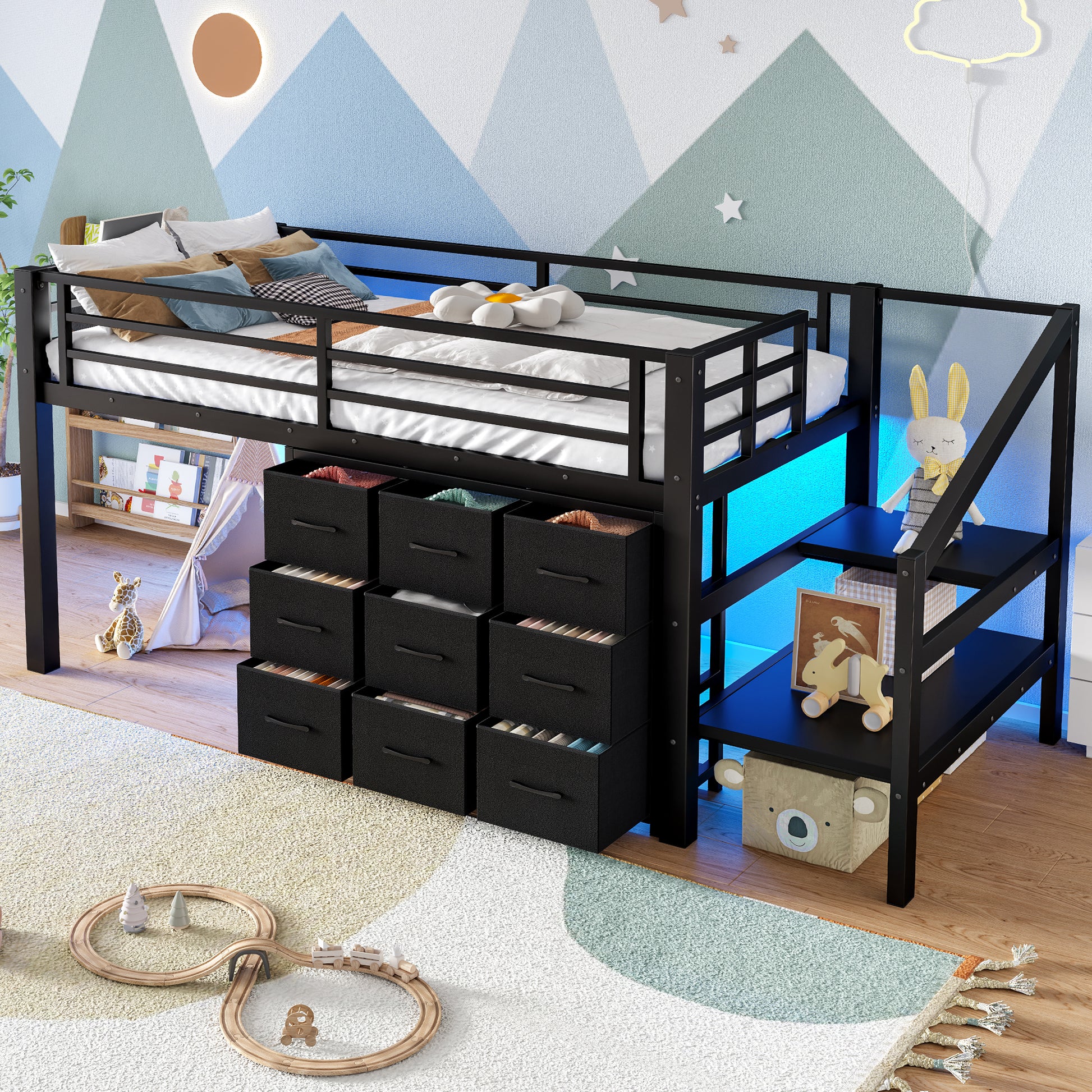 Twin Low Loft Bed with Multi-Storage - Black Metal Frame