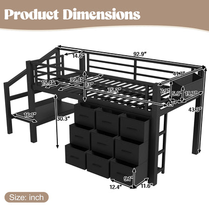 Twin Low Loft Bed with Multi-Storage - Black Metal Frame