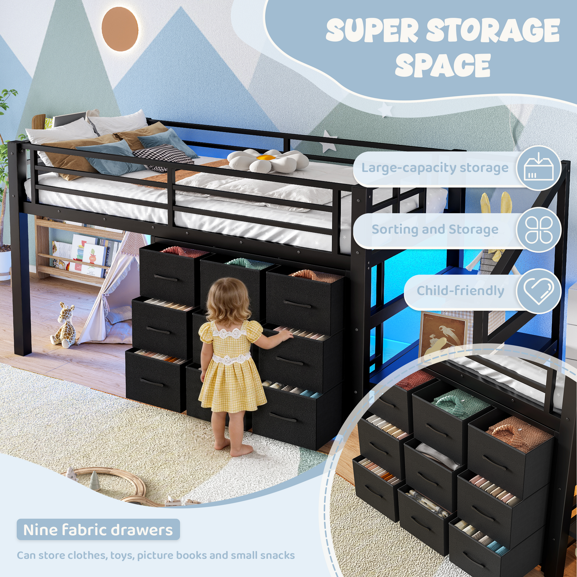 Twin Low Loft Bed with Multi-Storage - Black Metal Frame