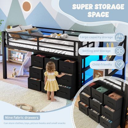 Twin Low Loft Bed with Multi-Storage - Black Metal Frame