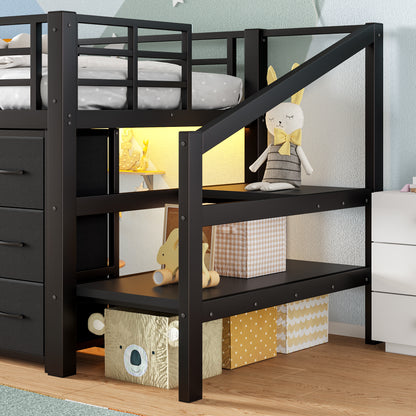 Twin Low Loft Bed with Multi-Storage - Black Metal Frame
