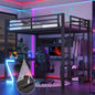 Full Loft Bed with L-shaped Desk and USB Ports, Metal Loft Bed with Computer Tray, Peg Board, and Gaming Style Z-shaped Lights, Black