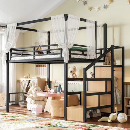 Full Loft Bed with Storage Stairs and Wardrobe, Metal Loft Bed with Canopy Frame, Ample Underbed Spaces Design, Black