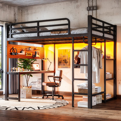 Full Loft Bed with Desk & Storage - Black Metal Frame for Bedroom