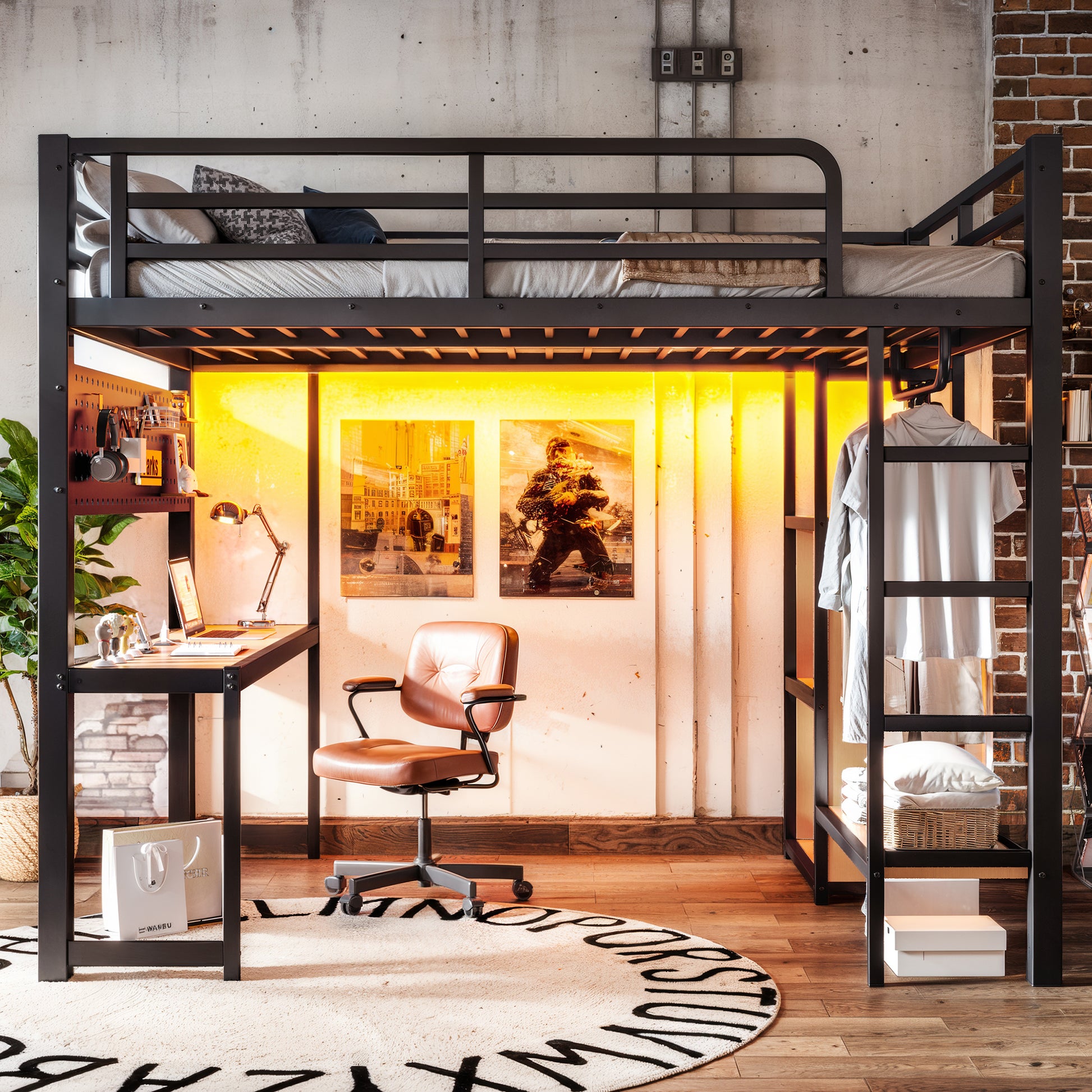 Full Loft Bed with Desk & Storage - Black Metal Frame for Bedroom