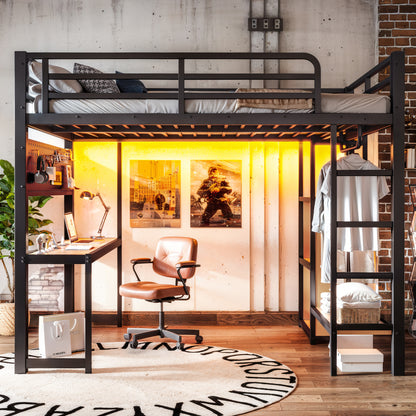 Full Loft Bed with Desk & Storage - Black Metal Frame for Bedroom