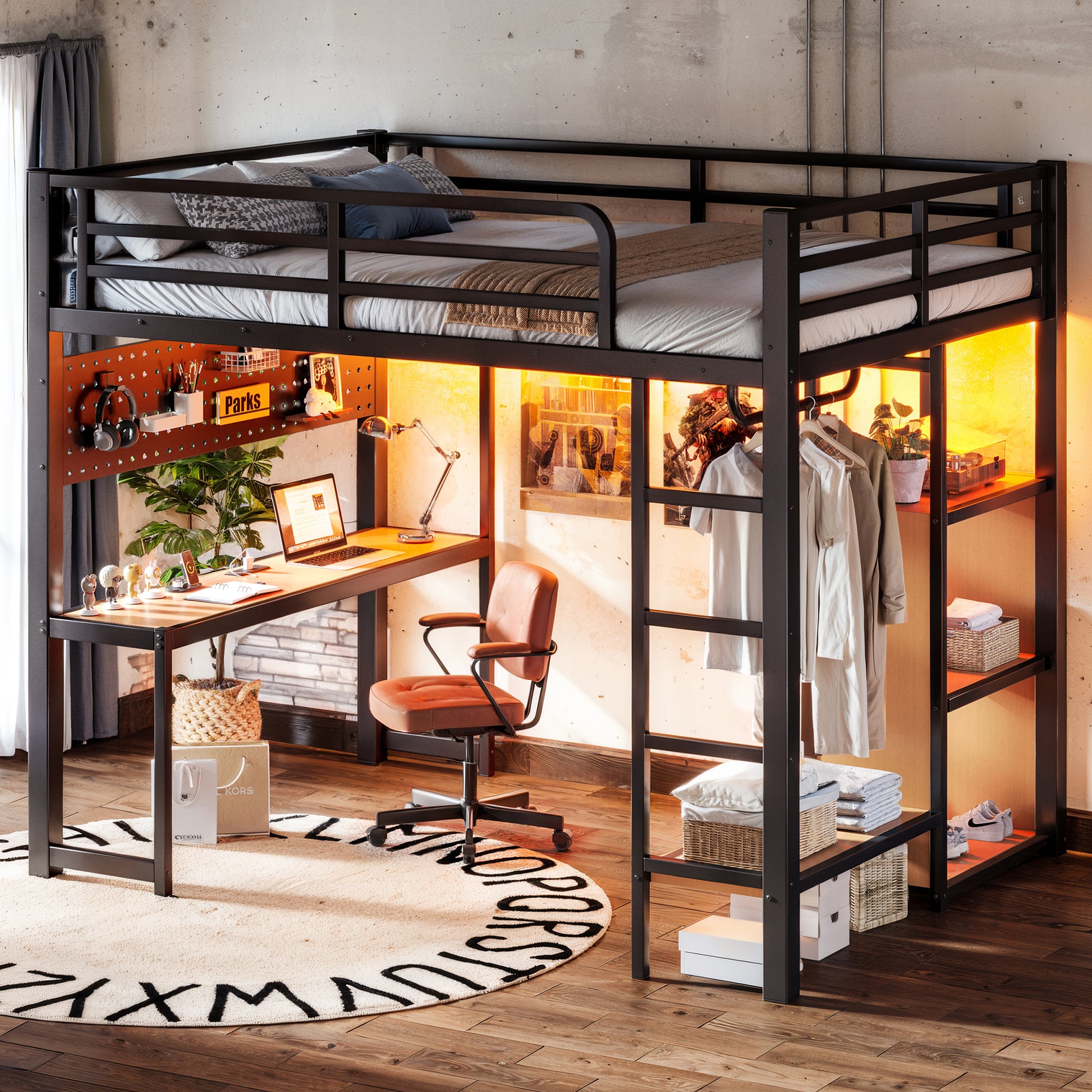 Full Loft Bed with Desk & Storage - Black Metal Frame for Bedroom