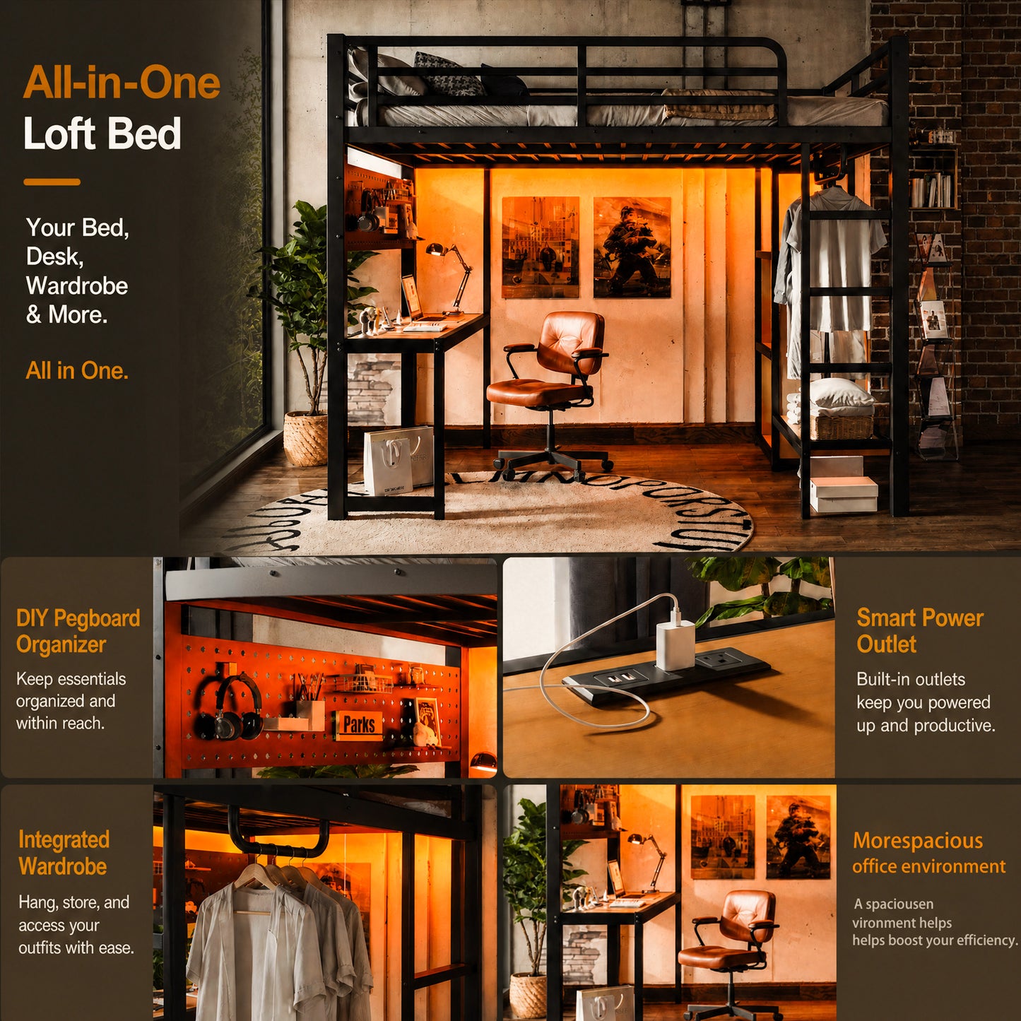 Full Loft Bed with Desk & Storage - Black Metal Frame for Bedroom