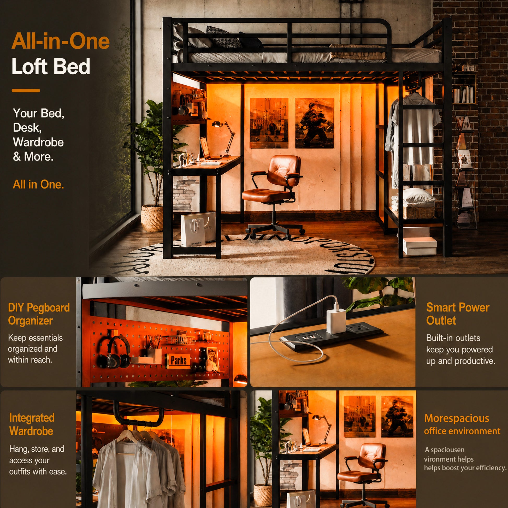 Full Loft Bed with Desk & Storage - Black Metal Frame for Bedroom