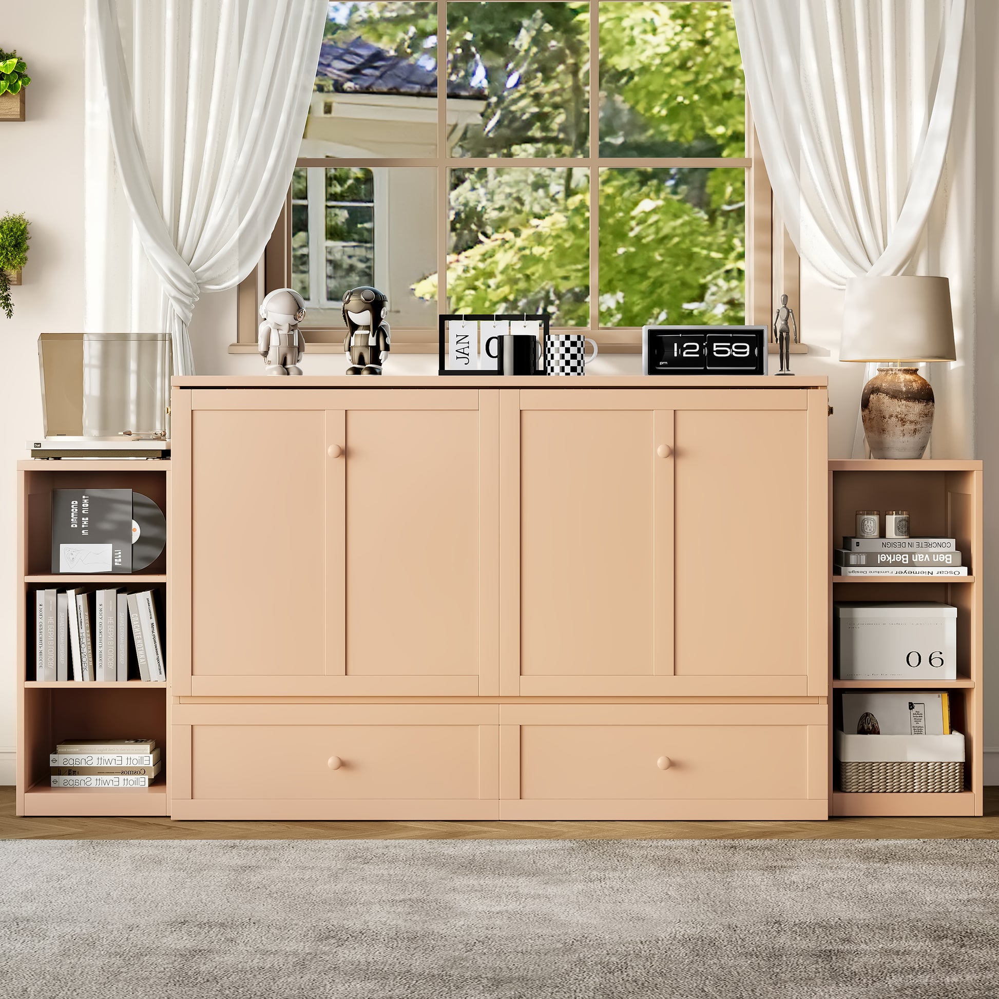 Queen size Murphy bed with spacious storage drawers and shelves, Ideal for guest rooms or compact bedrooms,Golden