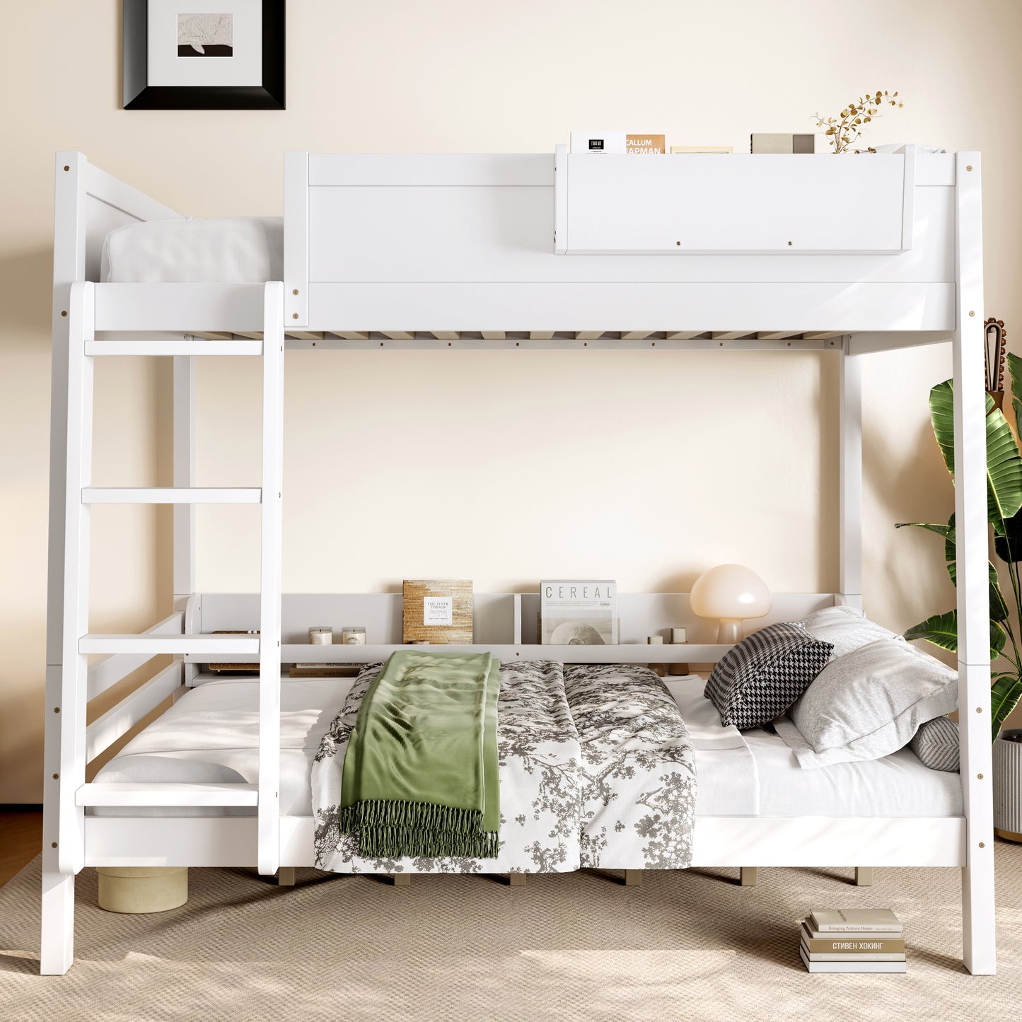 Full Size Bunk Bed with Storage Shelf & Bookshelf - White