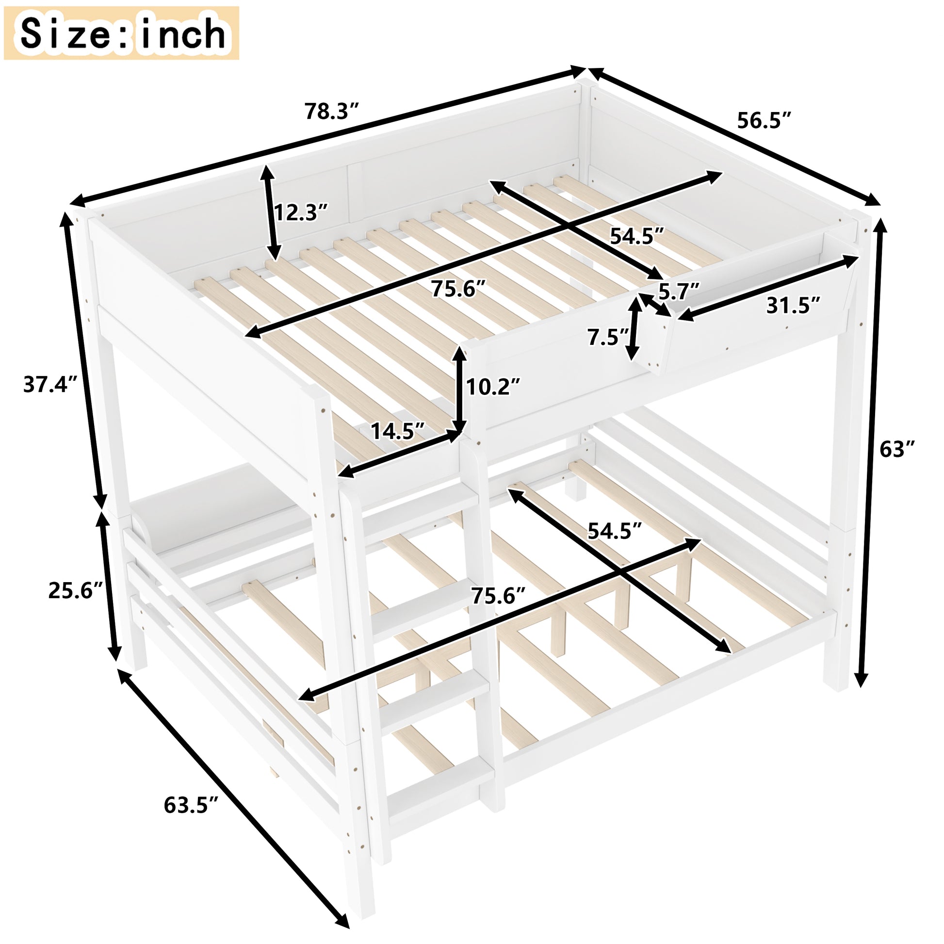 Full Size Bunk Bed with Storage Shelf & Bookshelf - White