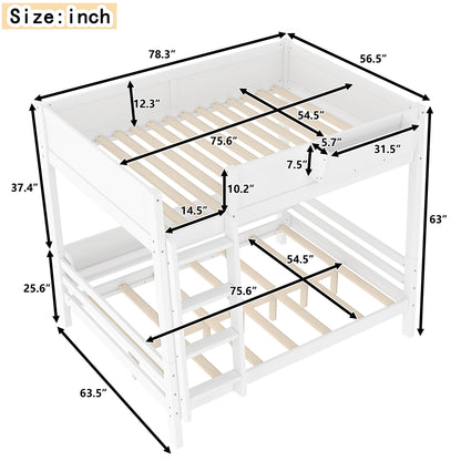 Full Size Bunk Bed with Storage Shelf & Bookshelf - White
