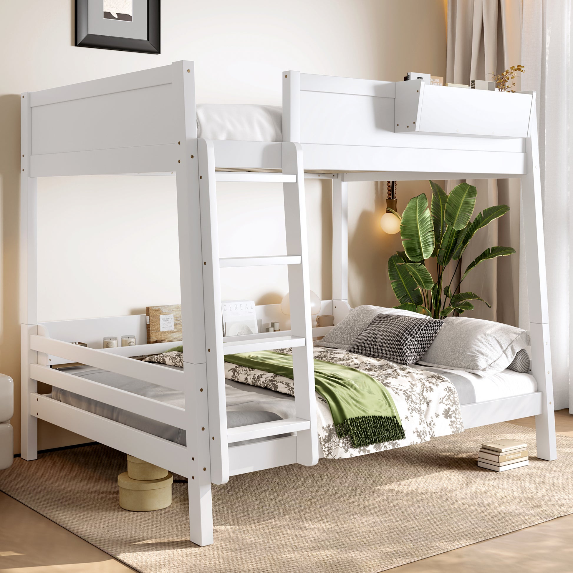Full Bunk Bed With  Storage Shelf and Bookshelf,Wood Bunk Bed with Ladder and Guardrails,Detachable Design,White