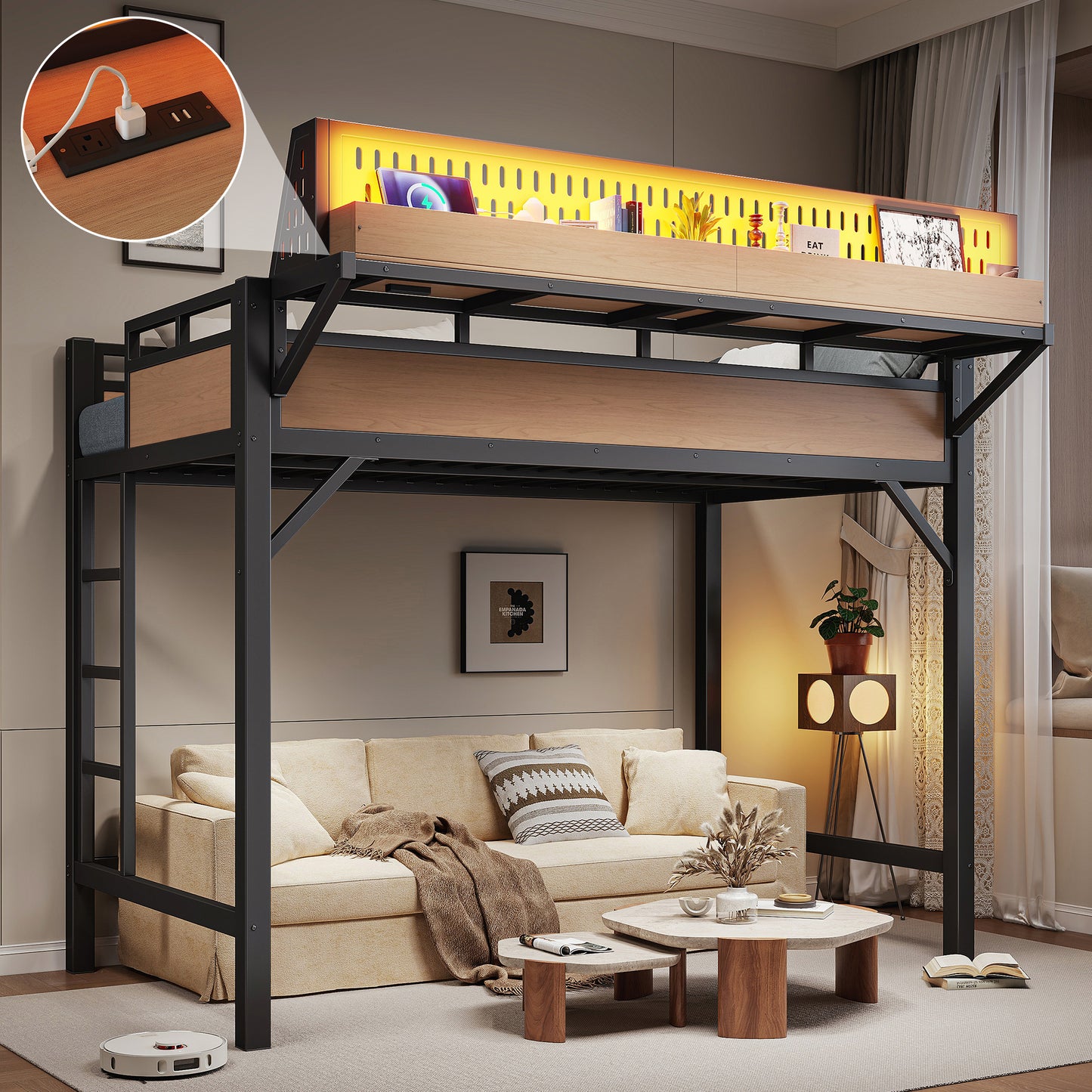 Twin XL Loft Bed Frame with Storage Shelves - Natural MDF Metal for Bedroom