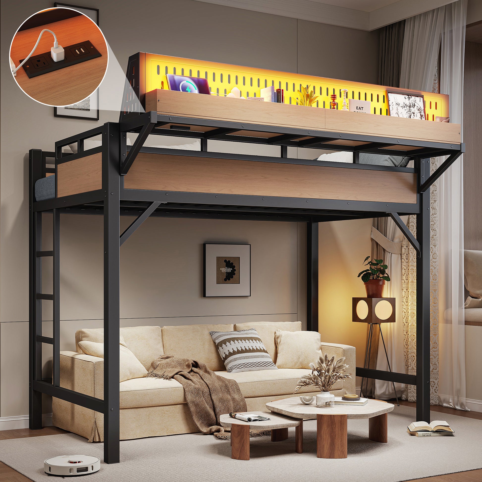Twin XL Loft Bed Frame with Storage Shelves - Natural MDF Metal for Bedroom