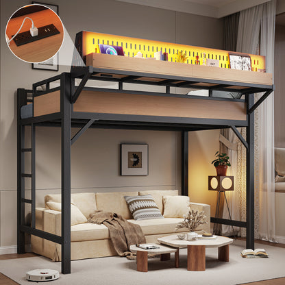 Twin XL Loft Bed Frame with Storage Shelves - Natural MDF Metal for Bedroom