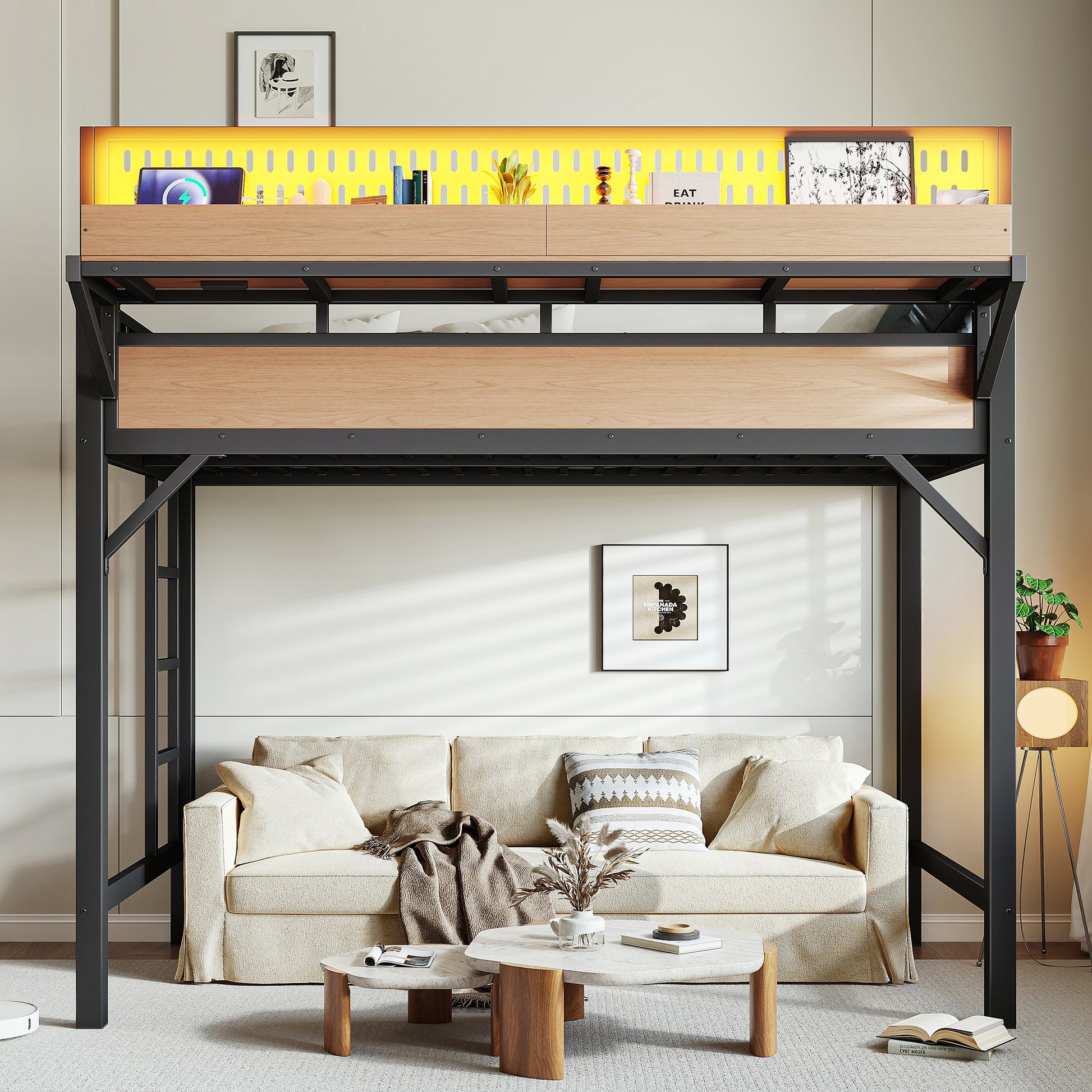 Twin XL Loft Bed Frame with Storage Shelves - Natural MDF Metal for Bedroom