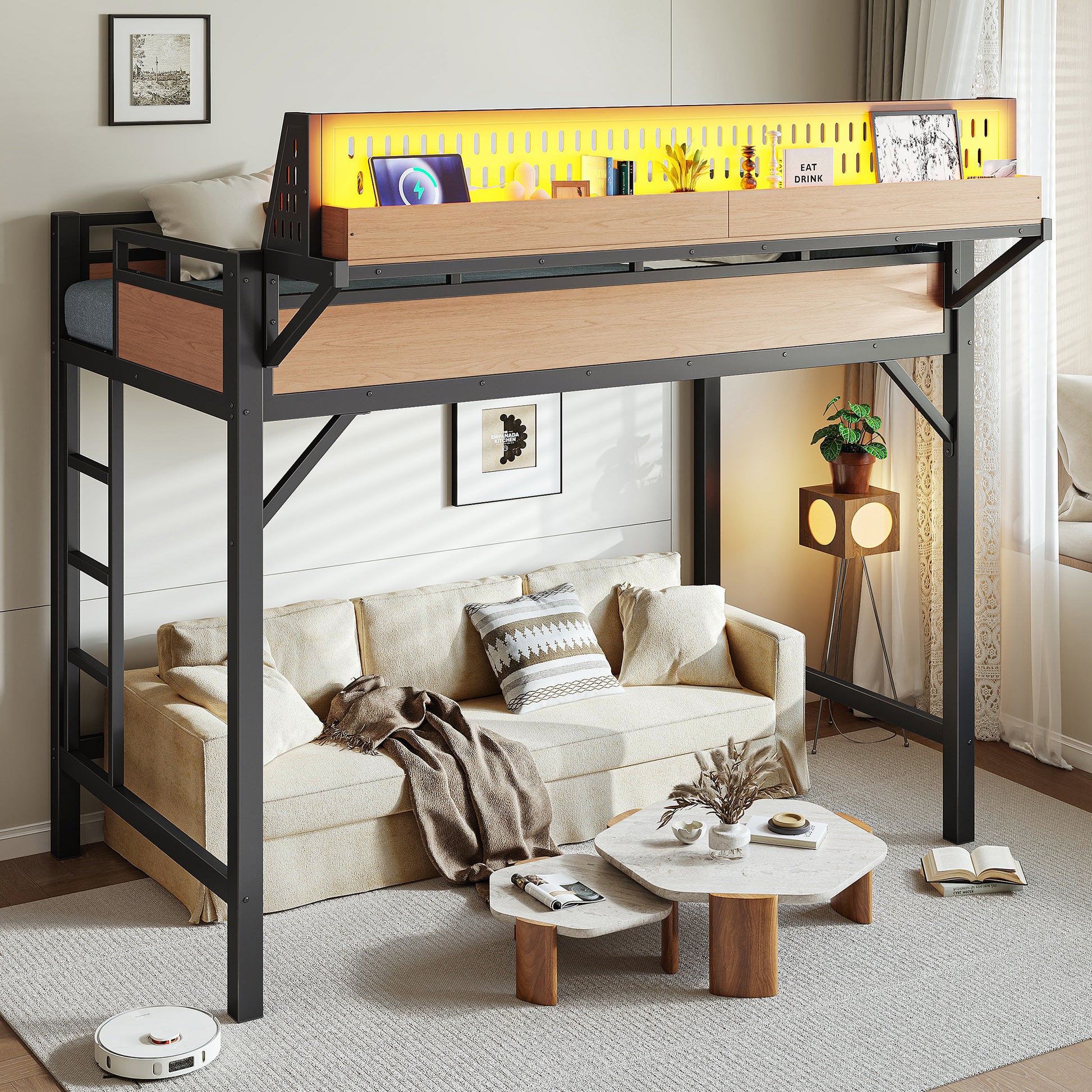 Twin XL Loft Bed Frame with Storage Shelves - Natural MDF Metal for Bedroom
