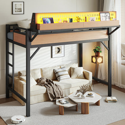 Twin XL Loft Bed Frame with Storage Shelves - Natural MDF Metal for Bedroom