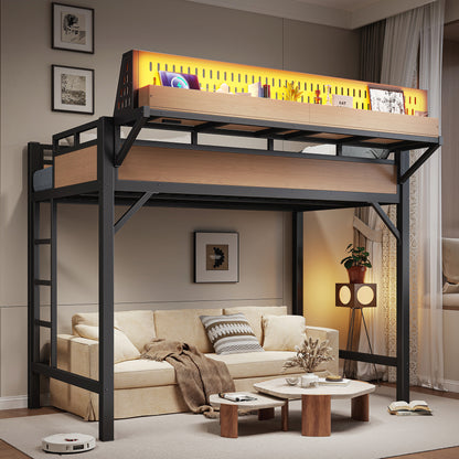 Twin XL Loft Bed Frame with Storage Shelves - Natural MDF Metal for Bedroom