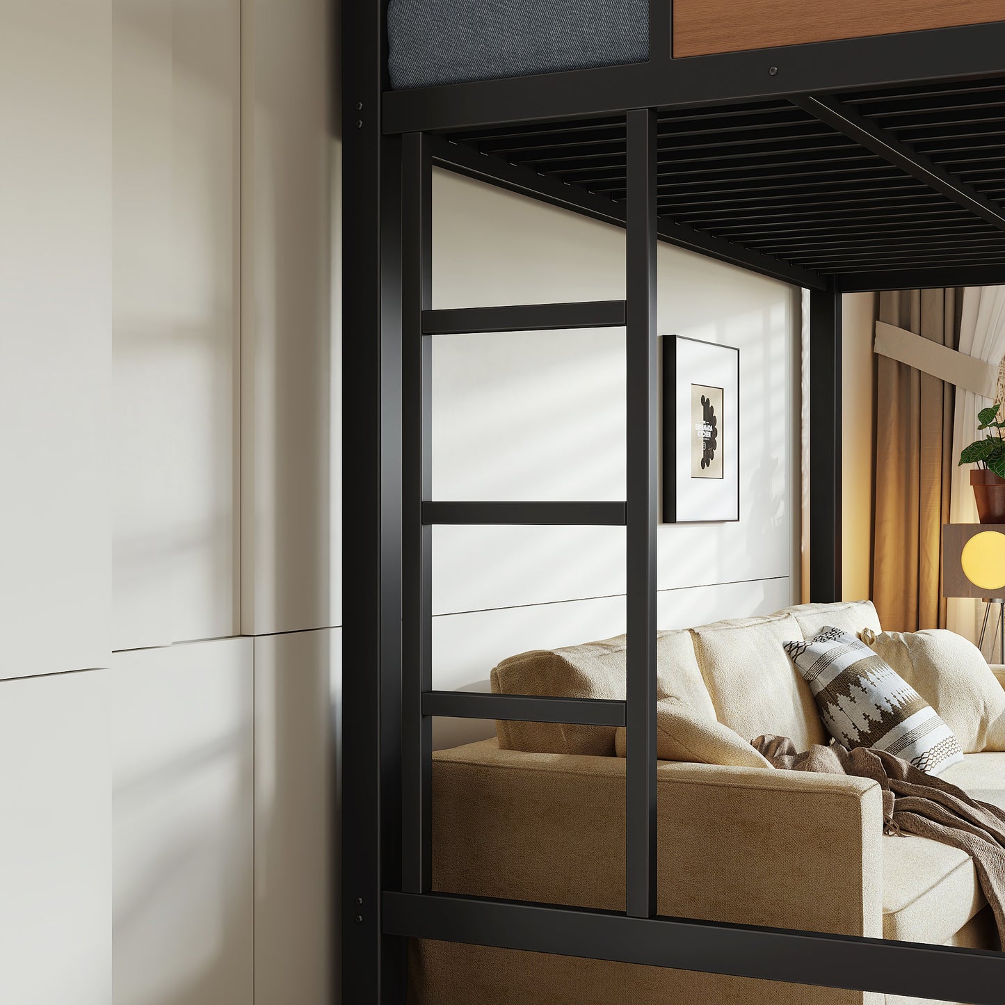 Twin XL Loft Bed Frame with Storage Shelves - Natural MDF Metal for Bedroom