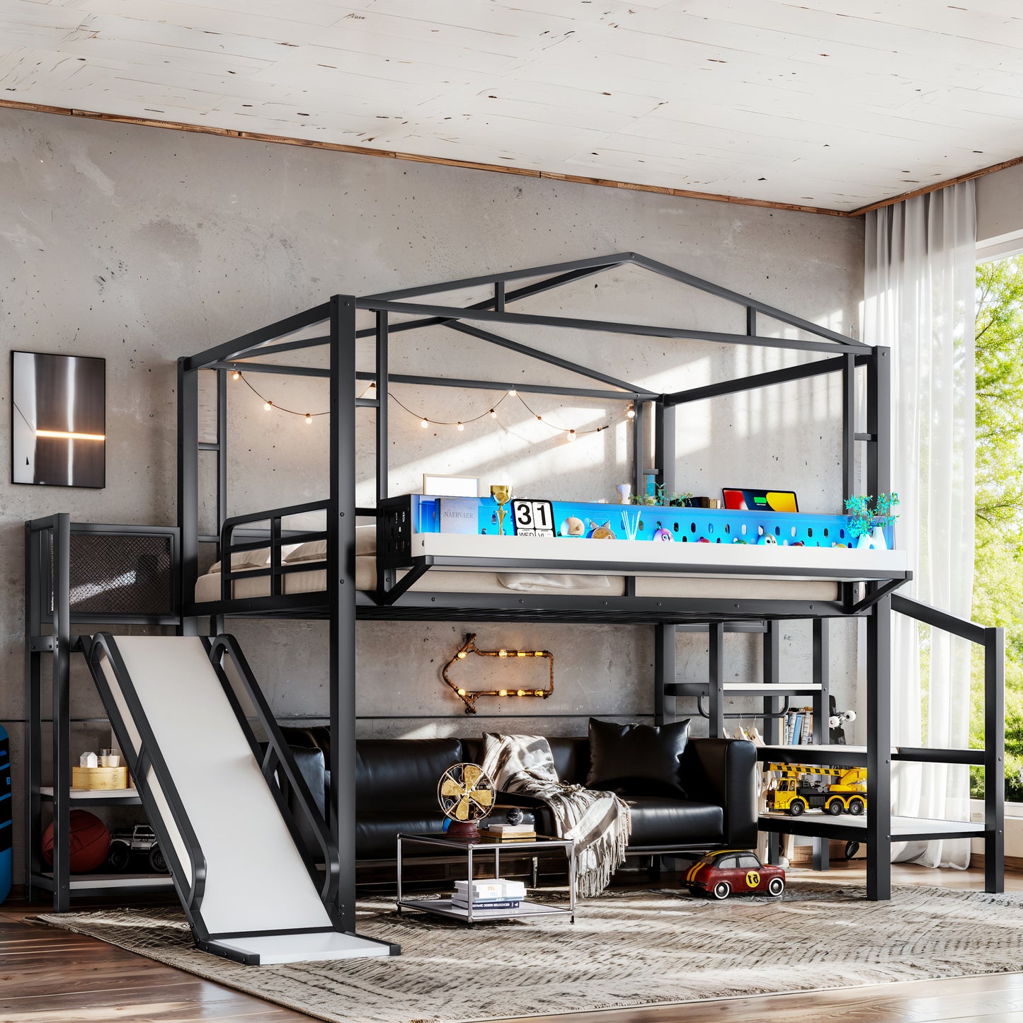 Full Size Loft Bed with Storage Stairs - Black MDF Metal