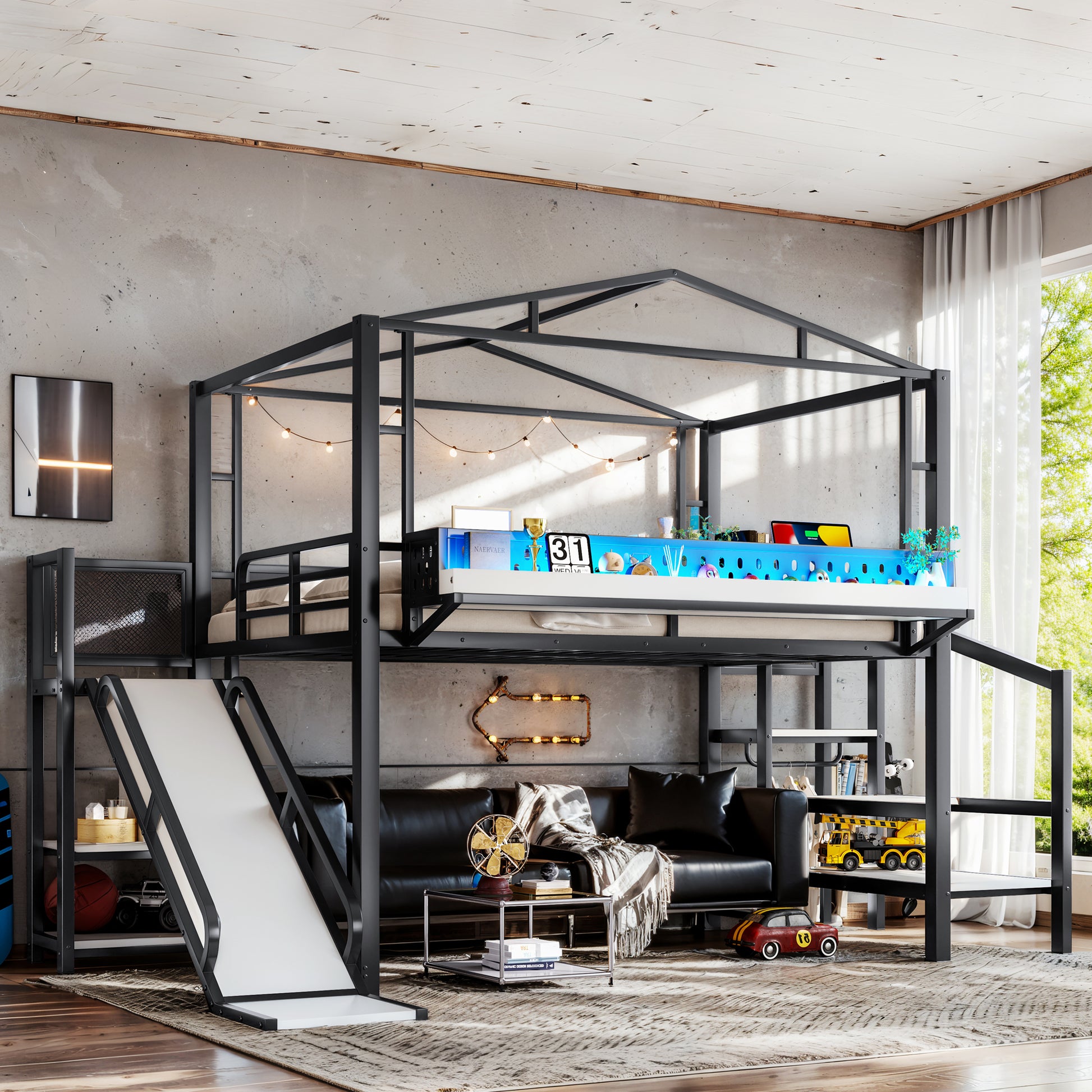 Full Size Loft Bed with Storage Stairs - Black MDF Metal