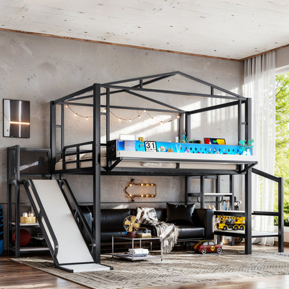 Full Size Loft Bed with Storage Stairs - Black MDF Metal