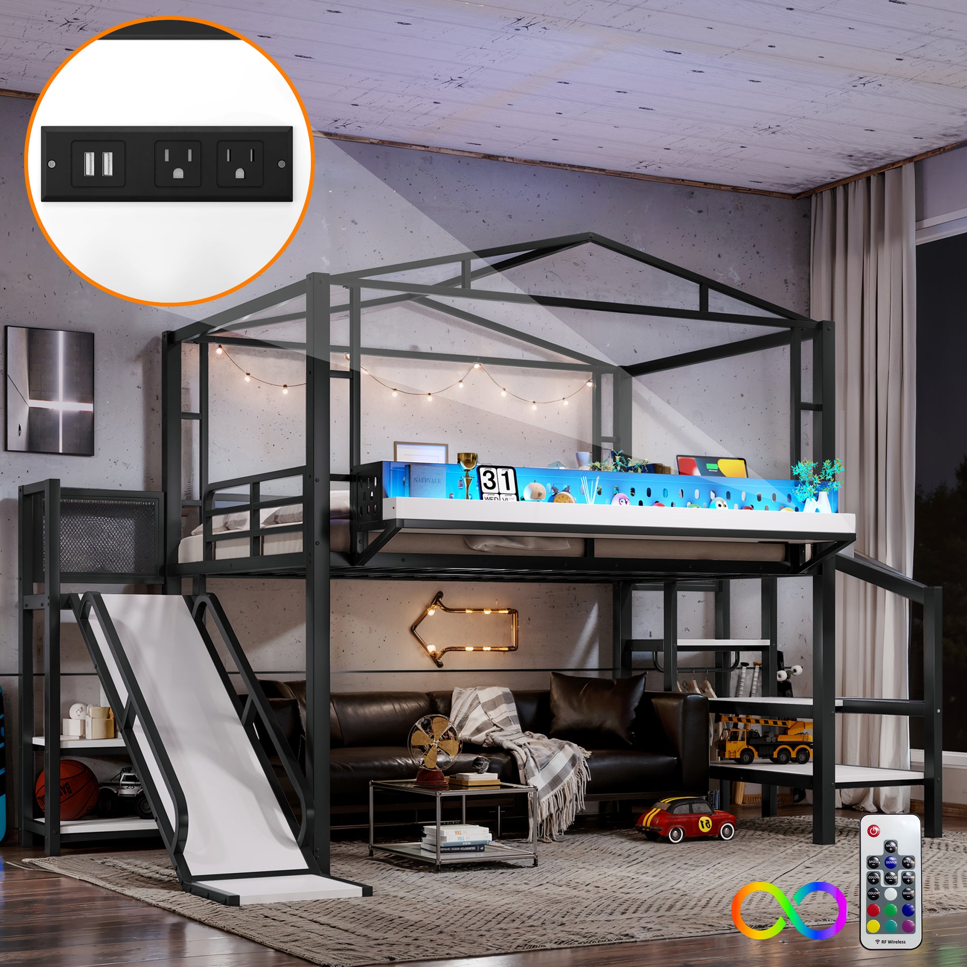 Full Size Loft Bed with Storage Stairs - Black MDF Metal