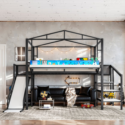 Full Size Loft Bed with Storage Stairs - Black MDF Metal