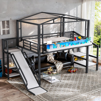 Full Size Loft Bed with Storage Stairs - Black MDF Metal