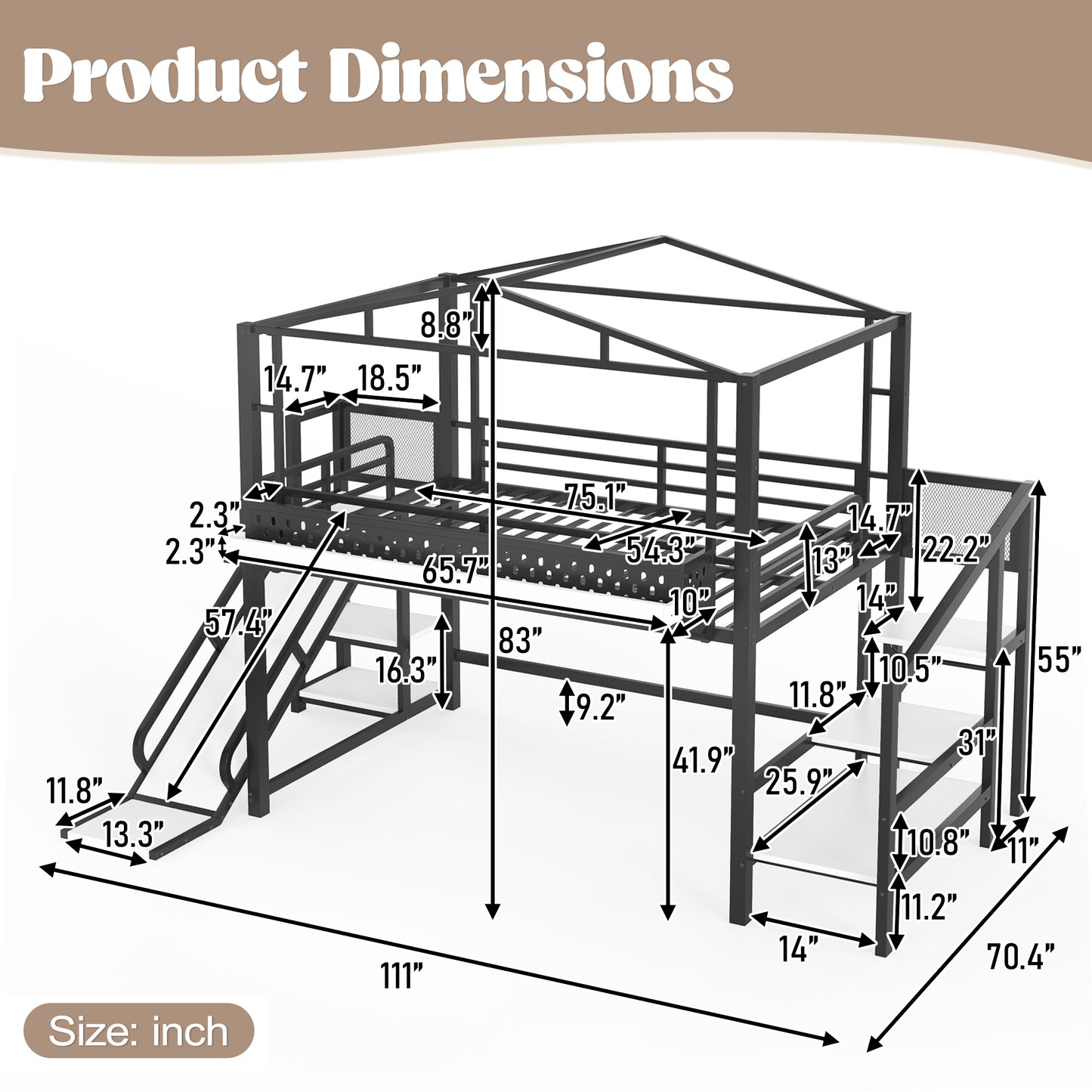 Full Size Loft Bed with Storage Stairs - Black MDF Metal