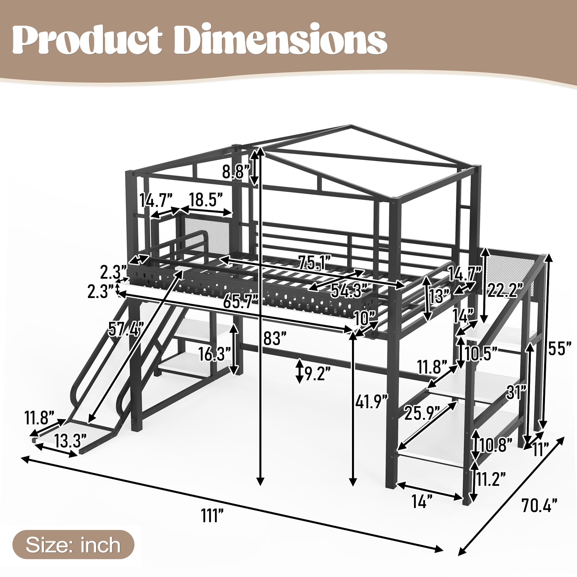 Full Size Loft Bed with Storage Stairs - Black MDF Metal